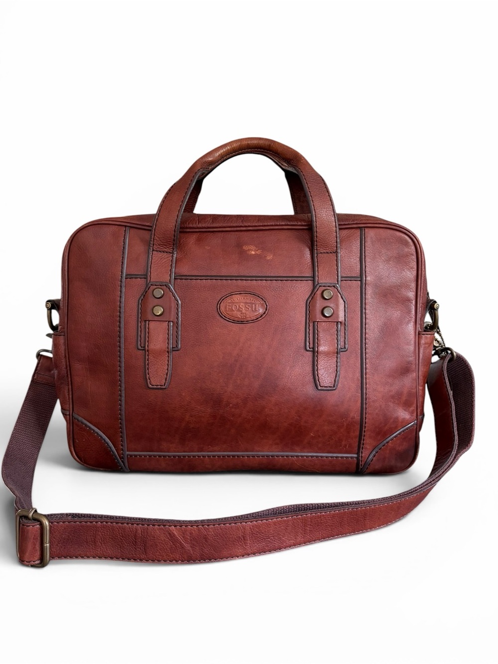 Fossil Chestnut Brown Leather Laptop Bag with Shoulder Strap - Picture 2 of 16